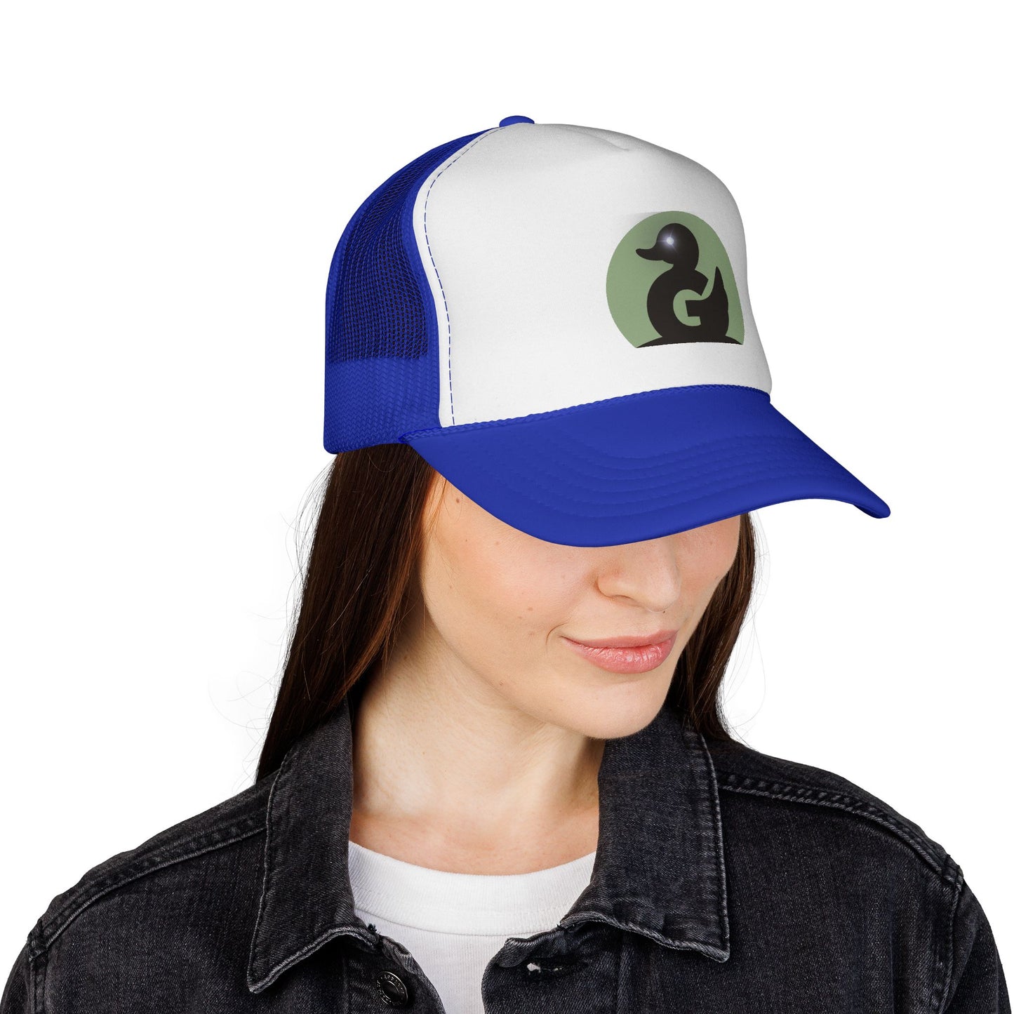 Green Duck Media Trucker Hat - Black & White Logo Cap, with shinny eye