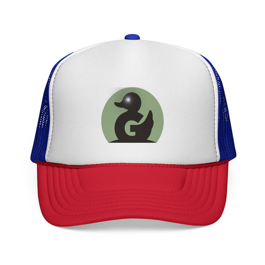 Green Duck Media Trucker Hat - Black & White Logo Cap, with shinny eye