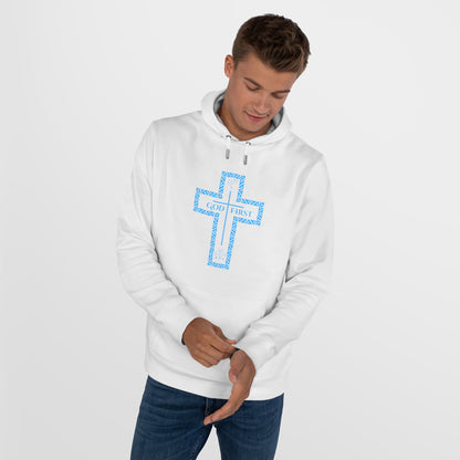 God First Hoodie Sweatshirt with Decorative Cross Design - All Baby Blue Color