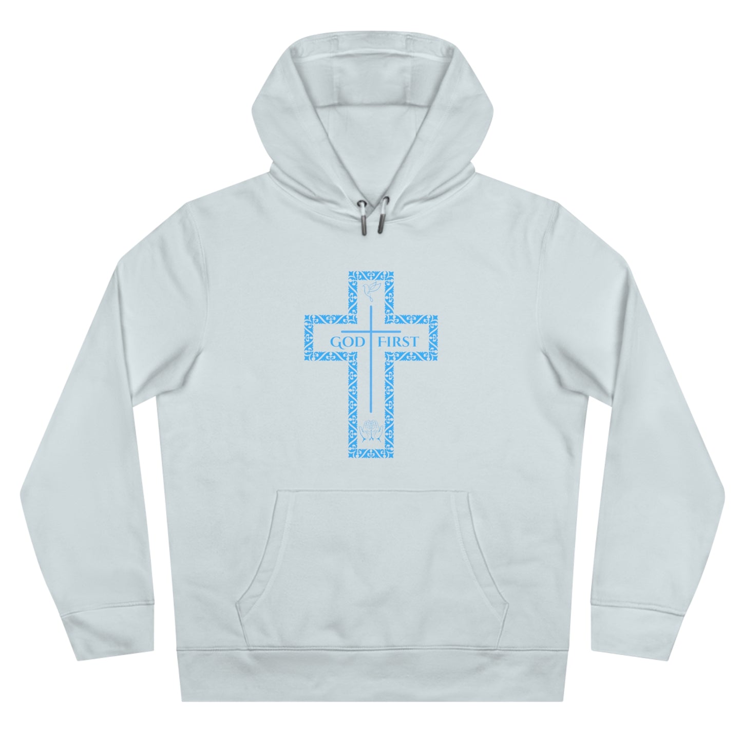 God First Hoodie Sweatshirt with Decorative Cross Design - All Baby Blue Color