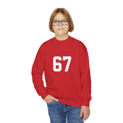 White Number 67 Youth Crewneck Sweatshirt, Meme Design