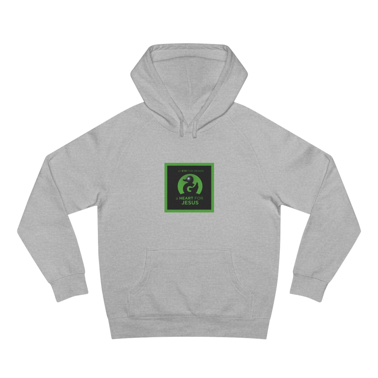 Unisex premium gray hoodie with green faith-themed graphic and kangaroo pocket design