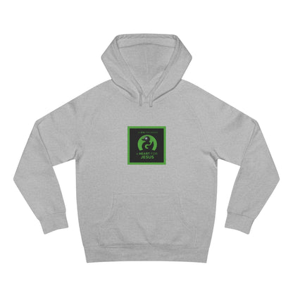 Unisex premium gray hoodie with green faith-themed graphic and kangaroo pocket design