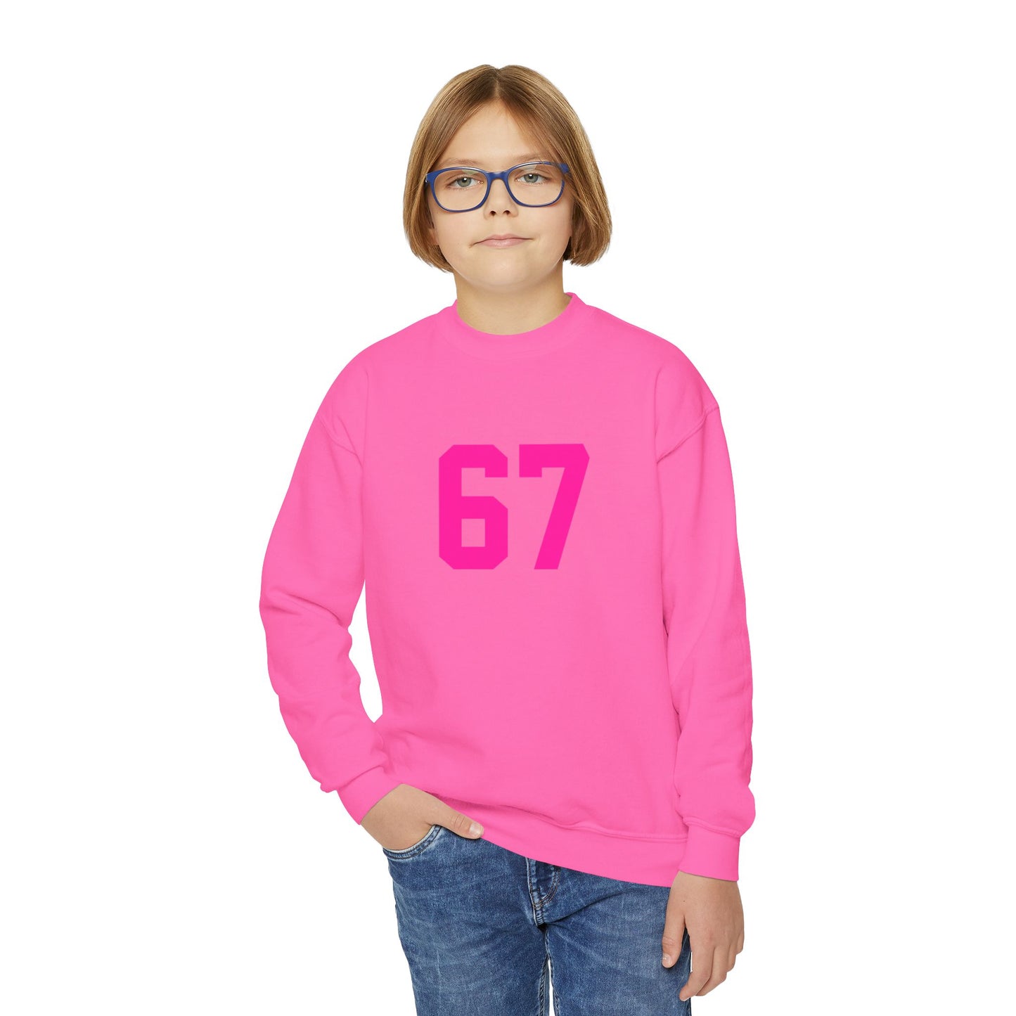 Youth Pink Number 67 Crewneck Sweatshirt, Meme Design
