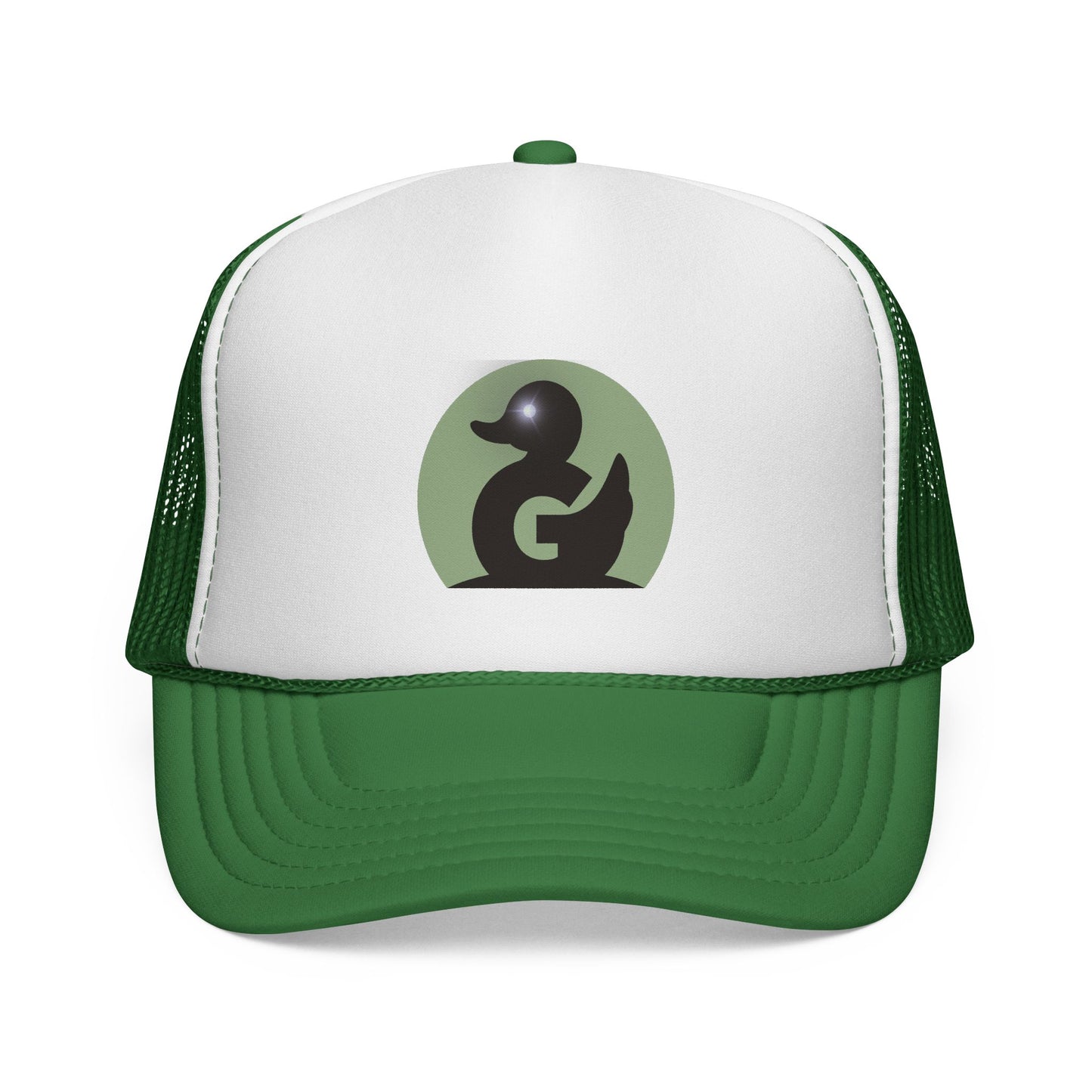 Green Duck Media Trucker Hat - Black & White Logo Cap, with shinny eye