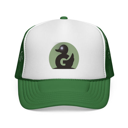 Green Duck Media Trucker Hat - Black & White Logo Cap, with shinny eye