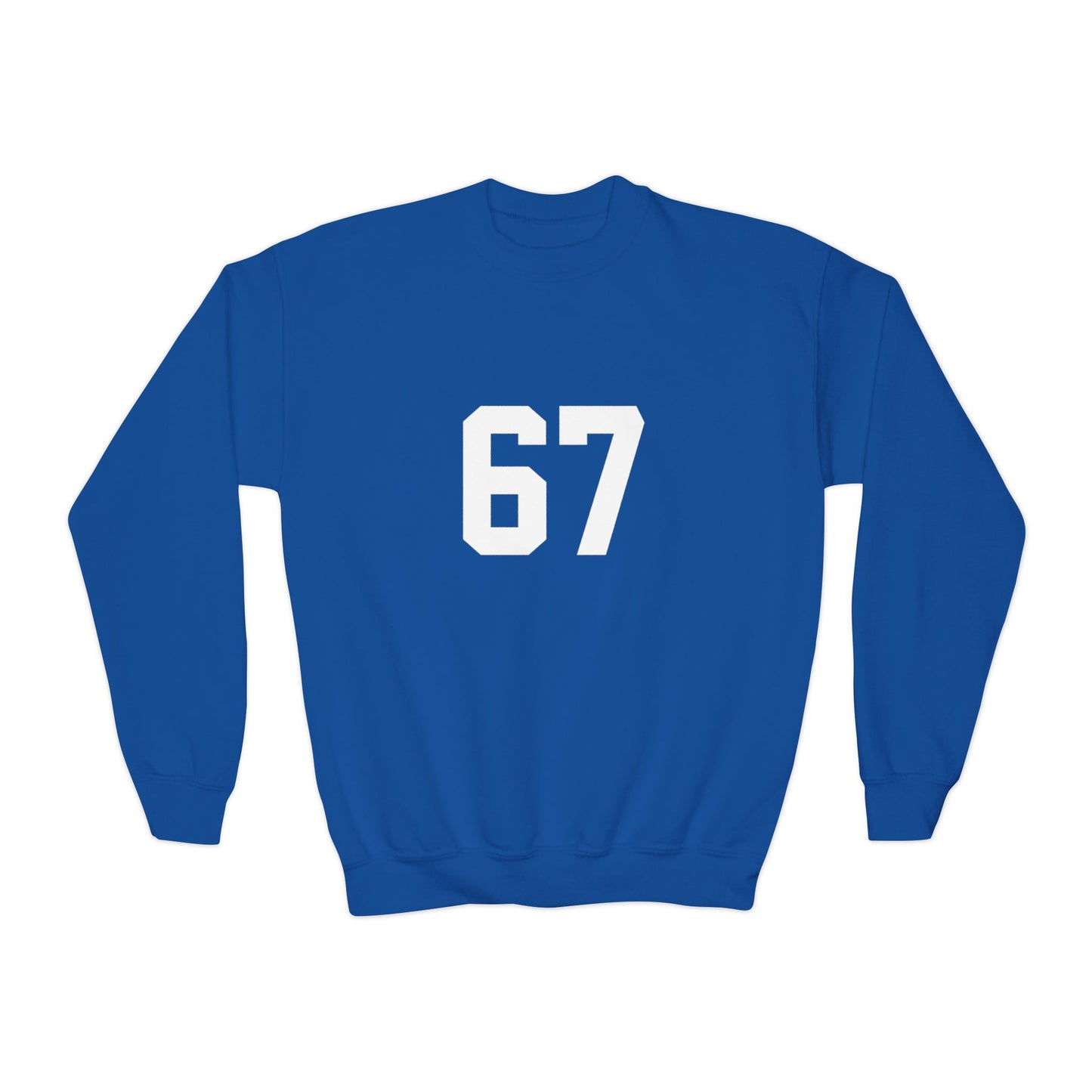White Number 67 Youth Crewneck Sweatshirt, Meme Design