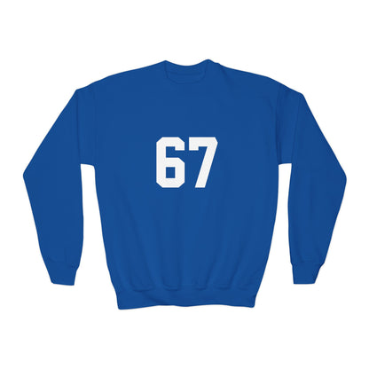 White Number 67 Youth Crewneck Sweatshirt, Meme Design