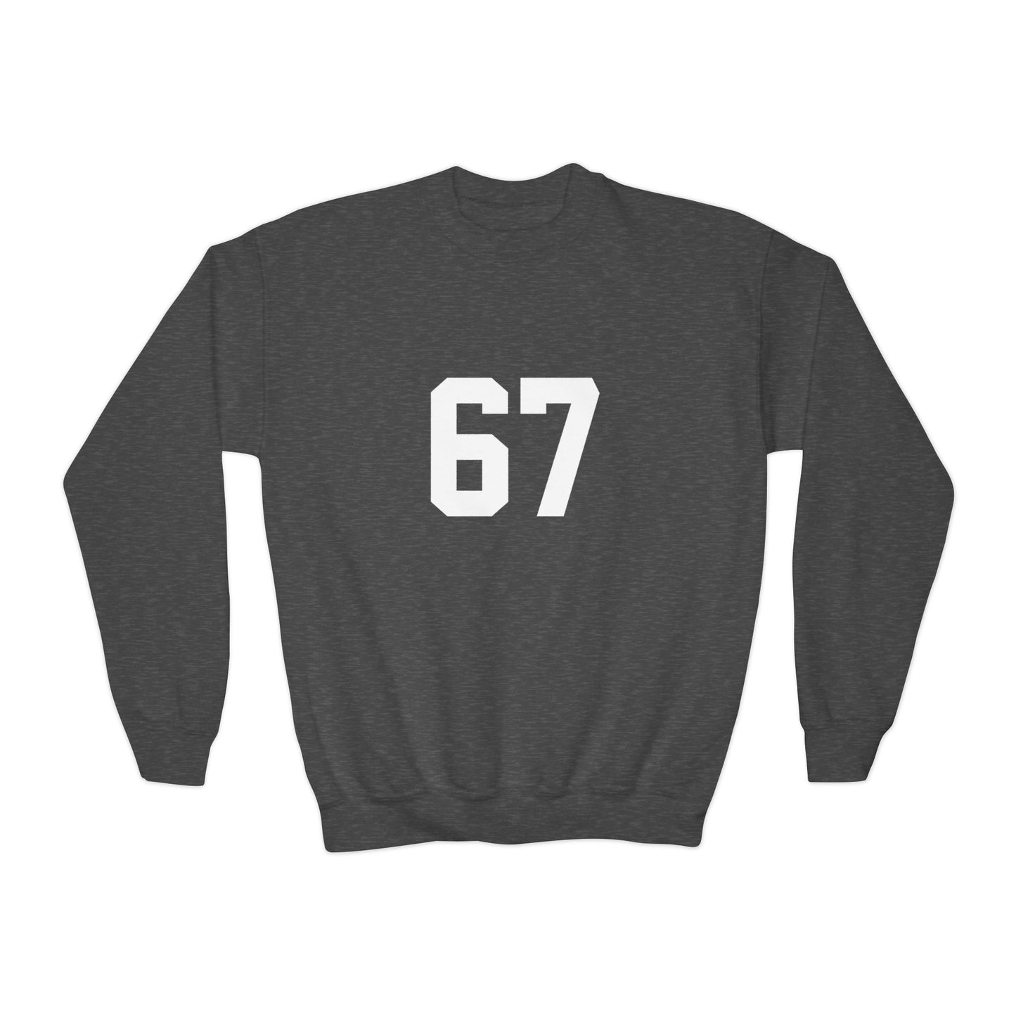 White Number 67 Youth Crewneck Sweatshirt, Meme Design