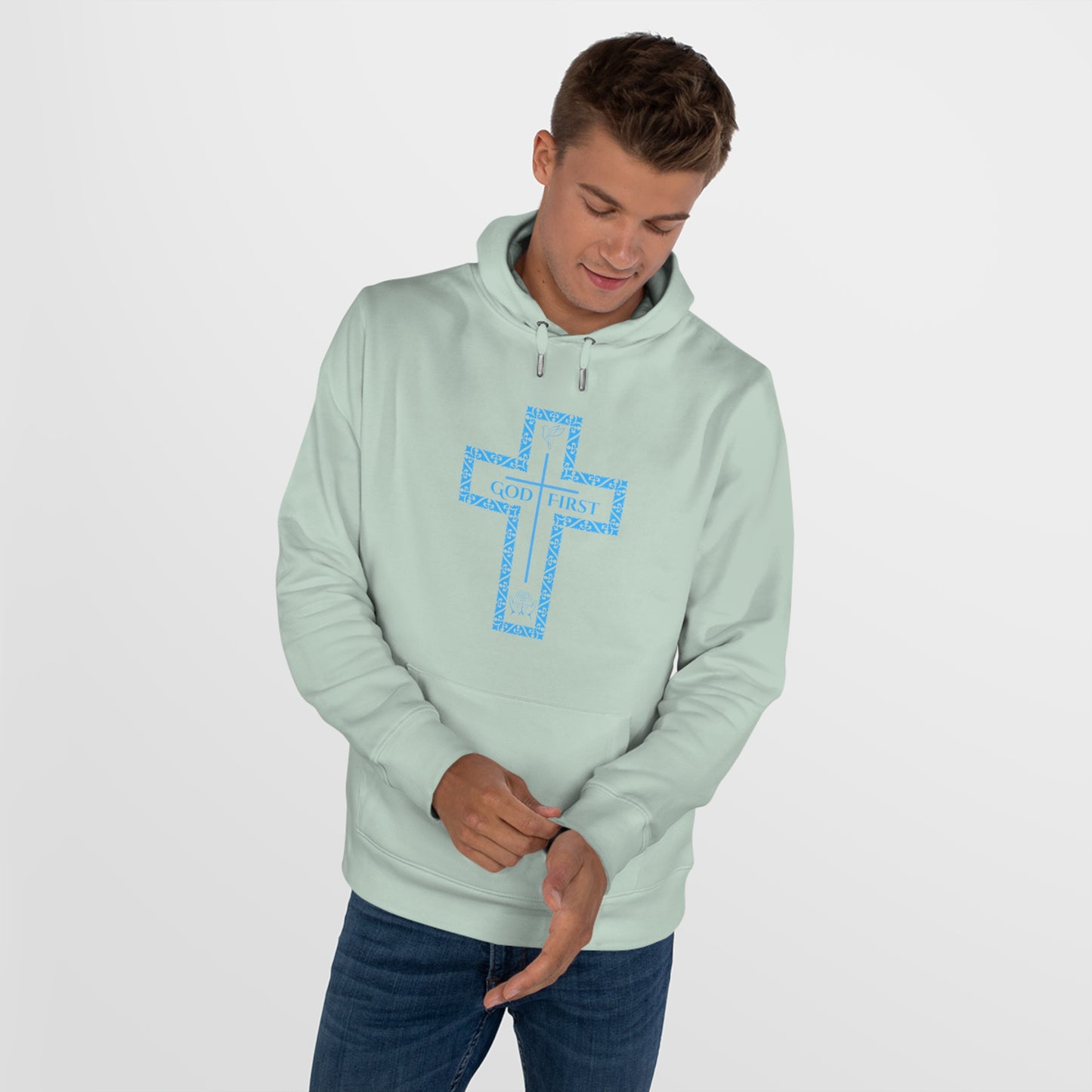 God First Hoodie Sweatshirt with Decorative Cross Design - All Baby Blue Color