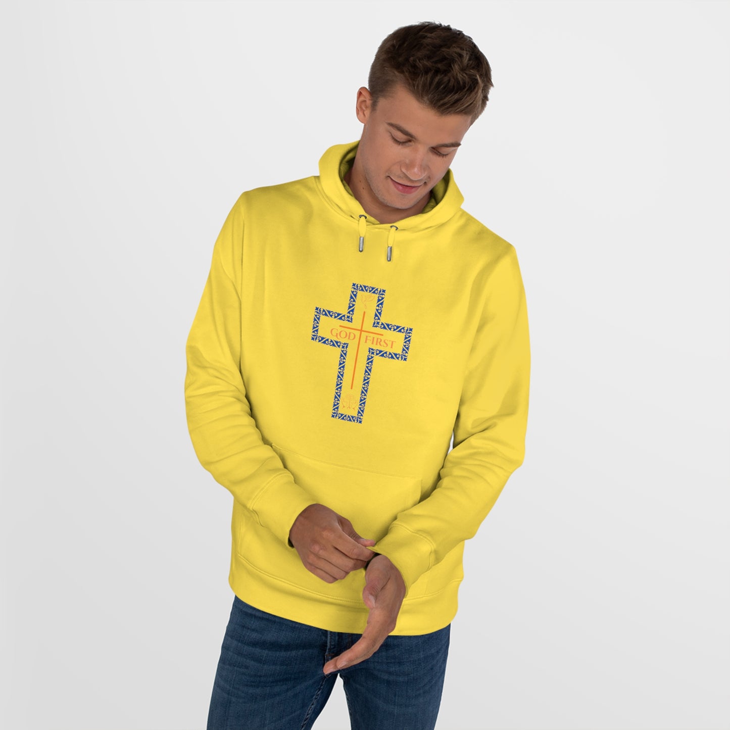 God First Hoodie Sweatshirt with Decorative Cross Design - Blue & Orange Colors