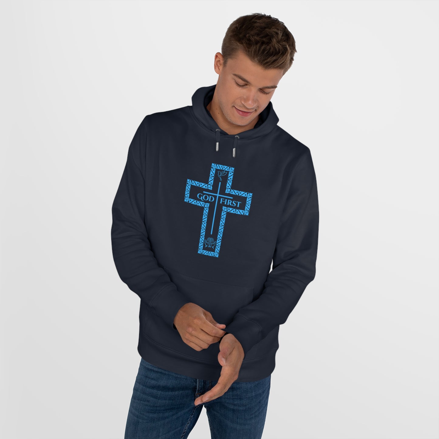 God First Hoodie Sweatshirt with Decorative Cross Design - All Baby Blue Color