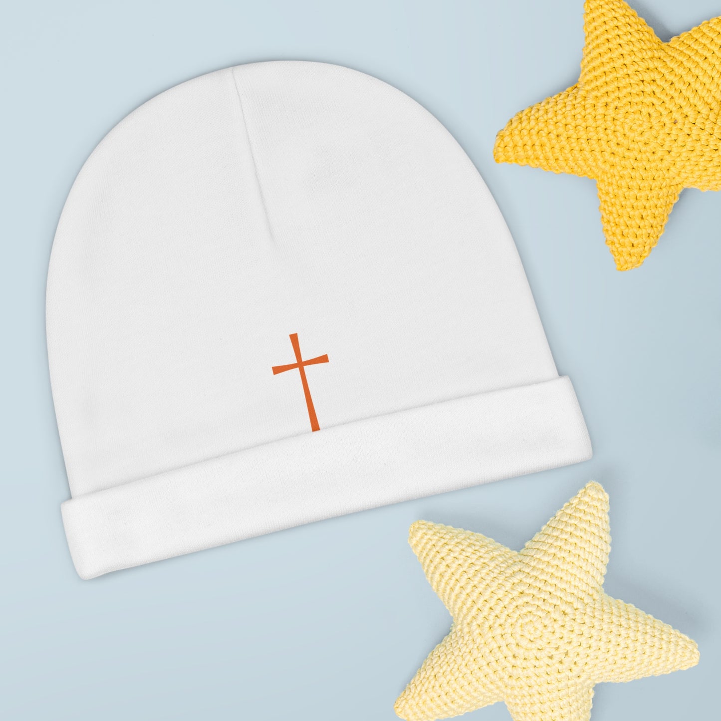 Gorro blanco y naranja con logo de cruz - Colección Fe de Green Duck Media
