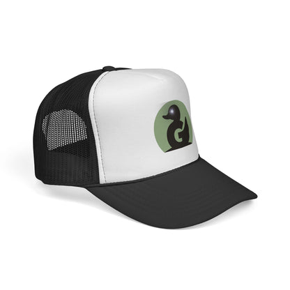 Green Duck Media Trucker Hat - Black & White Logo Cap, with shinny eye