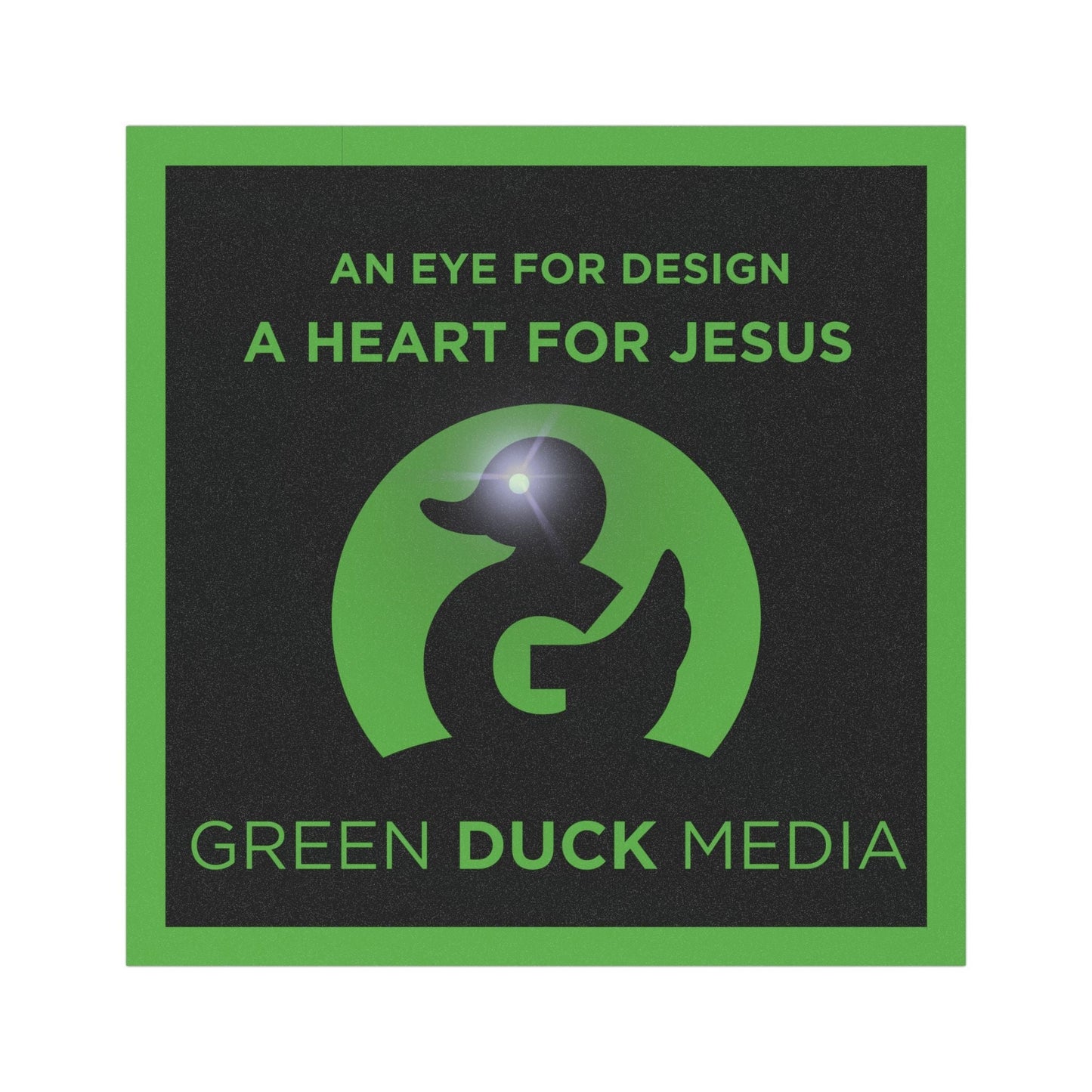 Square car magnet with "An Eye for Design A Heart for Jesus" text and green duck logo, durable and weather-resistant.