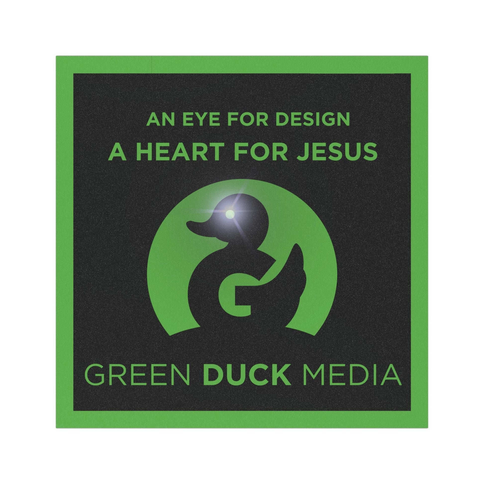 Square car magnet with "An Eye for Design A Heart for Jesus" text and green duck logo, durable and weather-resistant.