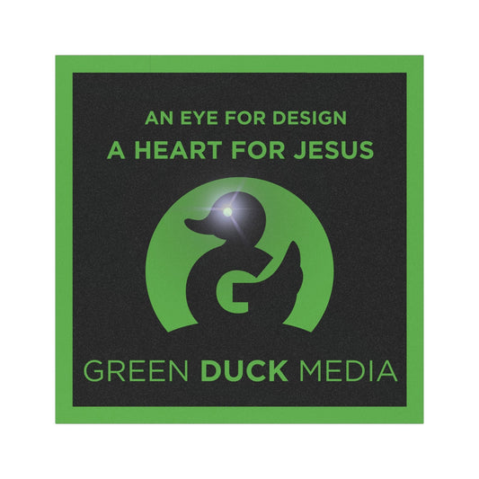 Square car magnet with "An Eye for Design A Heart for Jesus" text and green duck logo, durable and weather-resistant.