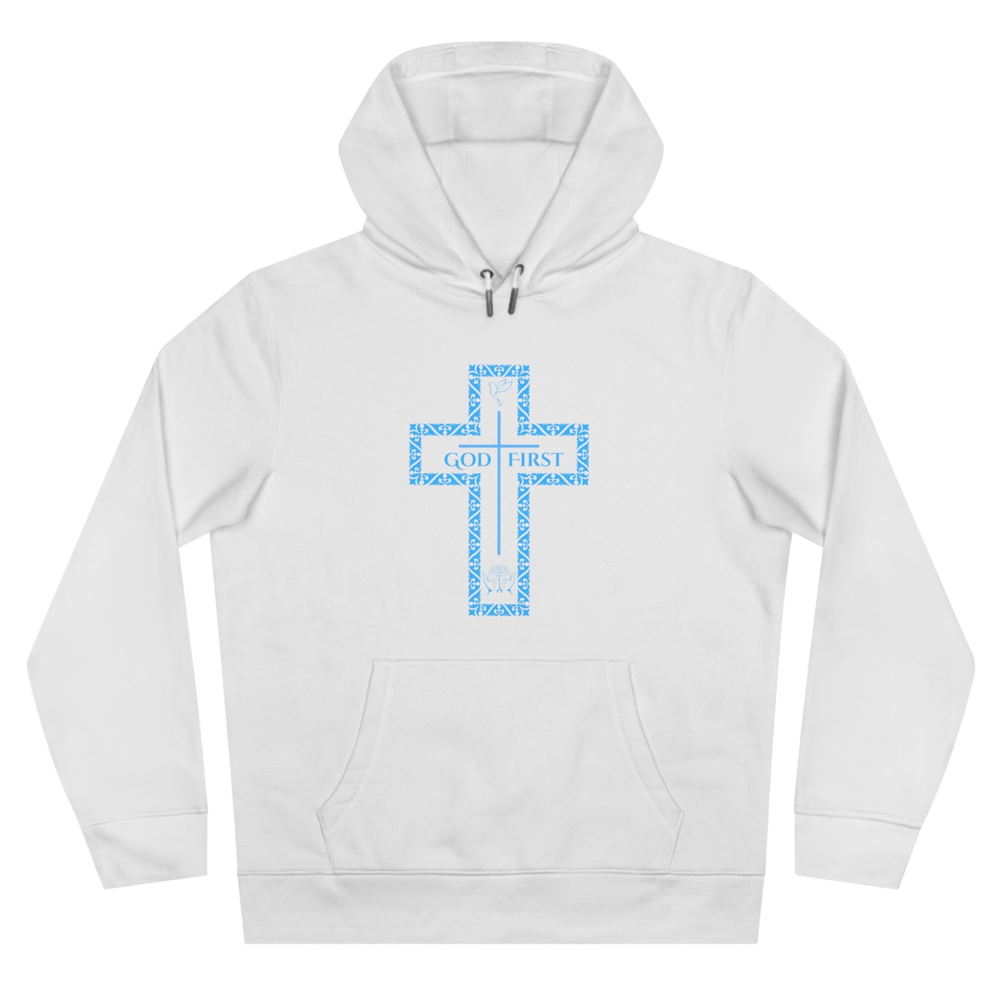God First Hoodie Sweatshirt with Decorative Cross Design - All Baby Blue Color