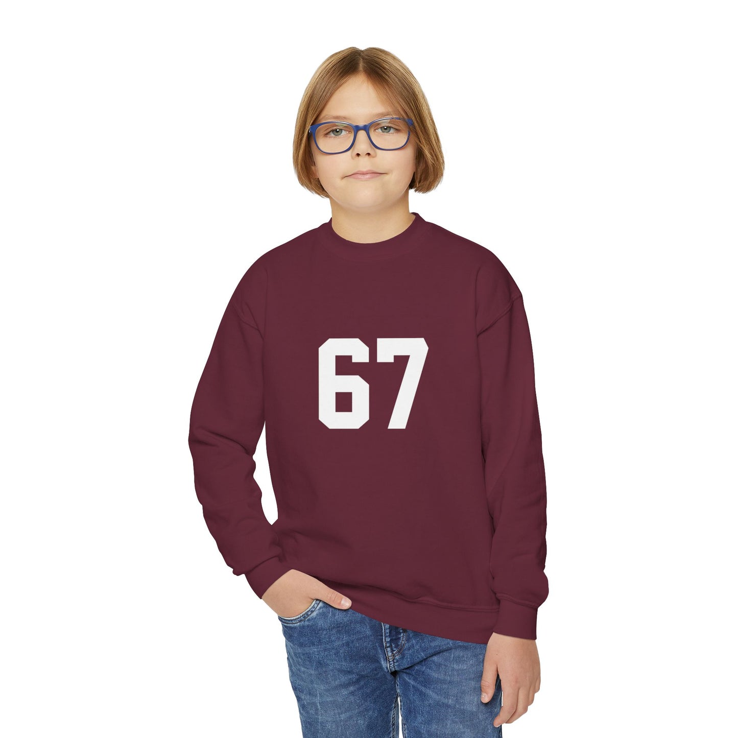 White Number 67 Youth Crewneck Sweatshirt, Meme Design