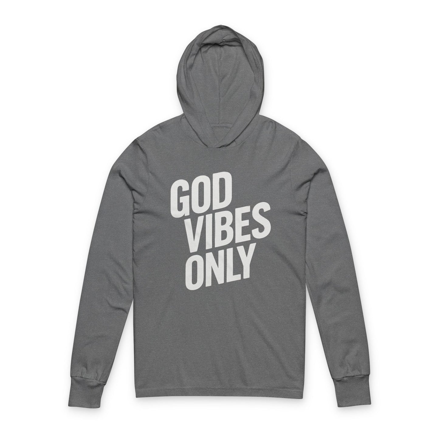 Gray unisex hooded long sleeve tee with "God Vibes Only" text, lightweight cotton, crossover V-neck