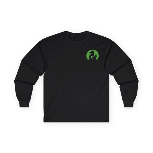 Black Green Duck Media long sleeve t-shirt with green circular duck logo on left chest