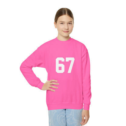 White Number 67 Youth Crewneck Sweatshirt, Meme Design