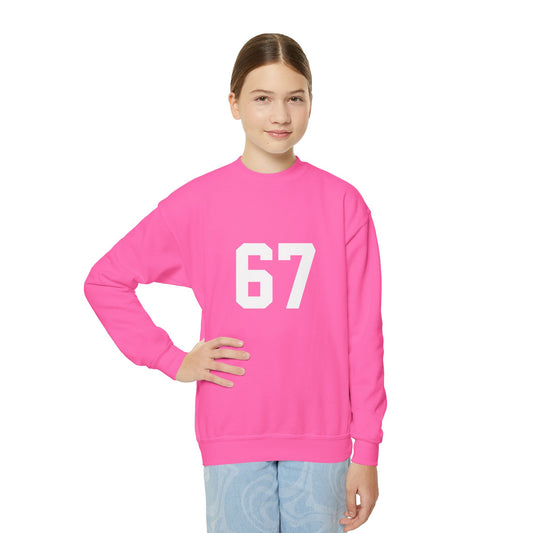 White Number 67 Youth Crewneck Sweatshirt, Meme Design