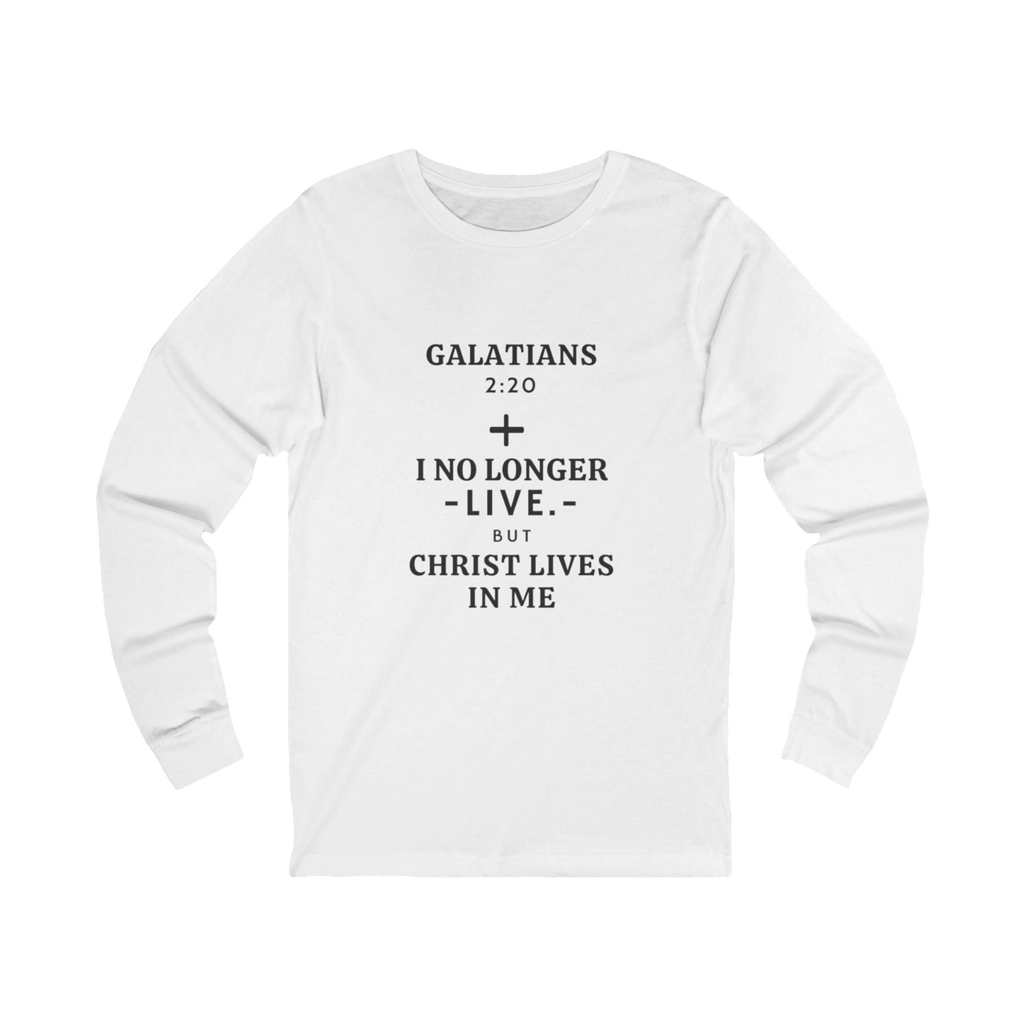 White Galatians 2:20 long sleeve t-shirt with cross and scripture text, unisex Christian apparel