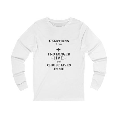 White Galatians 2:20 long sleeve t-shirt with cross and scripture text, unisex Christian apparel