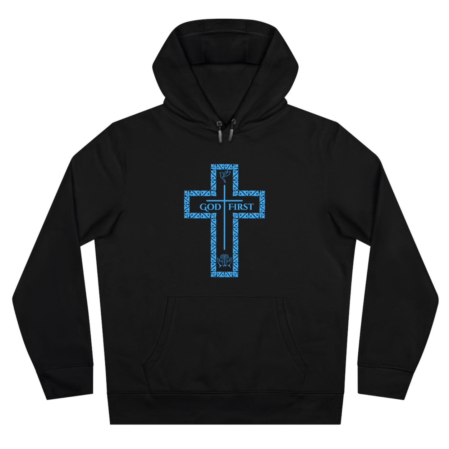 God First Hoodie Sweatshirt with Decorative Cross Design - All Baby Blue Color