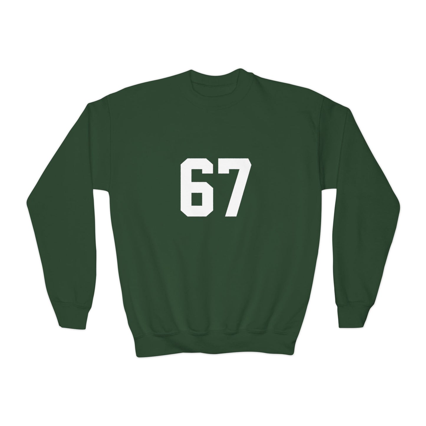 White Number 67 Youth Crewneck Sweatshirt, Meme Design
