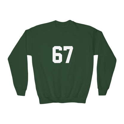 White Number 67 Youth Crewneck Sweatshirt, Meme Design