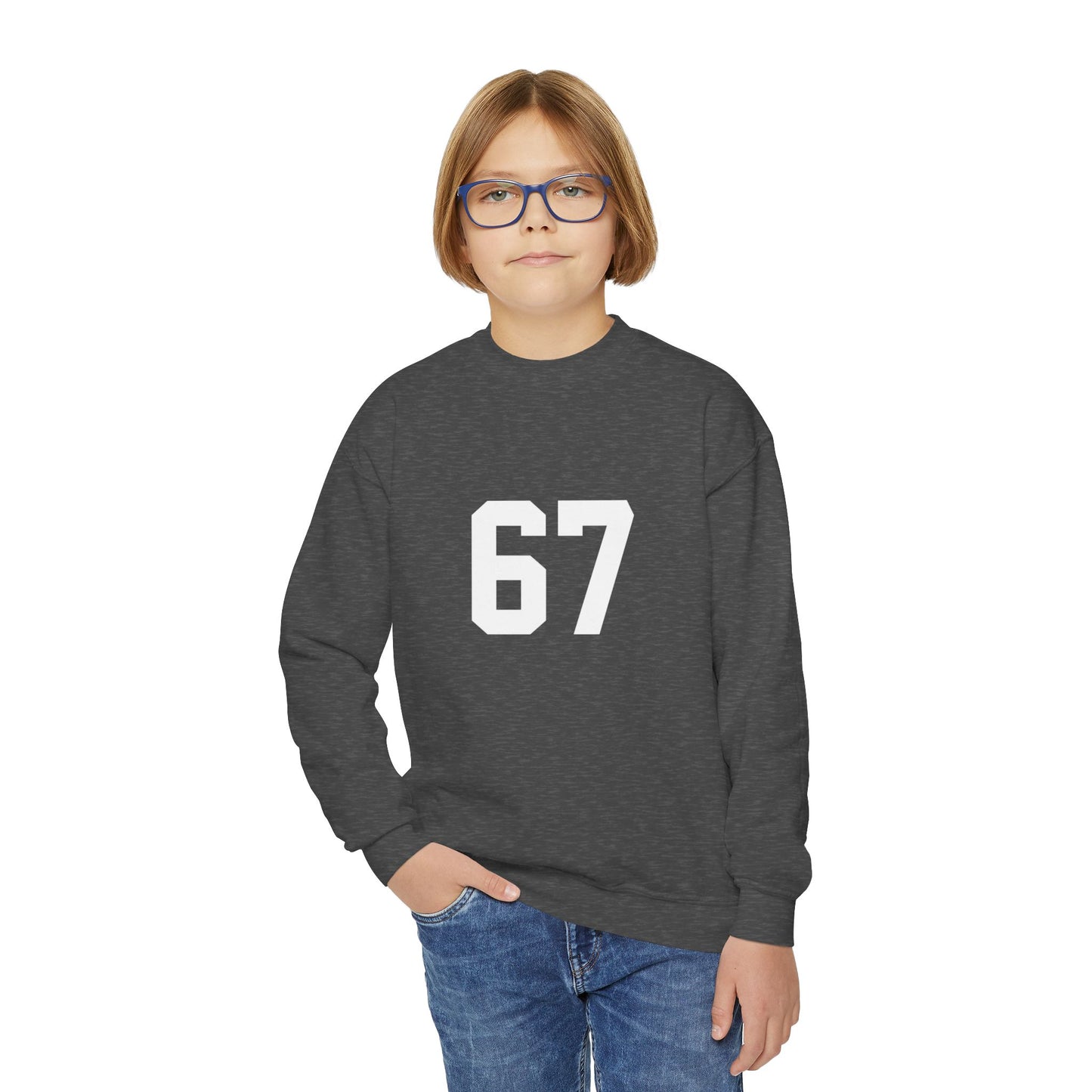 White Number 67 Youth Crewneck Sweatshirt, Meme Design