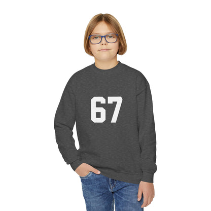 White Number 67 Youth Crewneck Sweatshirt, Meme Design
