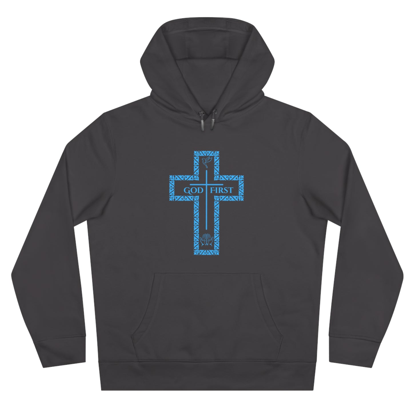 God First Hoodie Sweatshirt with Decorative Cross Design - All Baby Blue Color