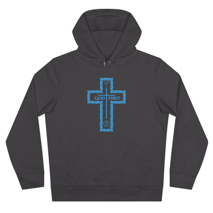 God First Hoodie Sweatshirt with Decorative Cross Design - All Baby Blue Color