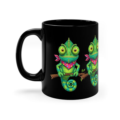 Lizard Coffee Mug - Black with bright colorful lizards