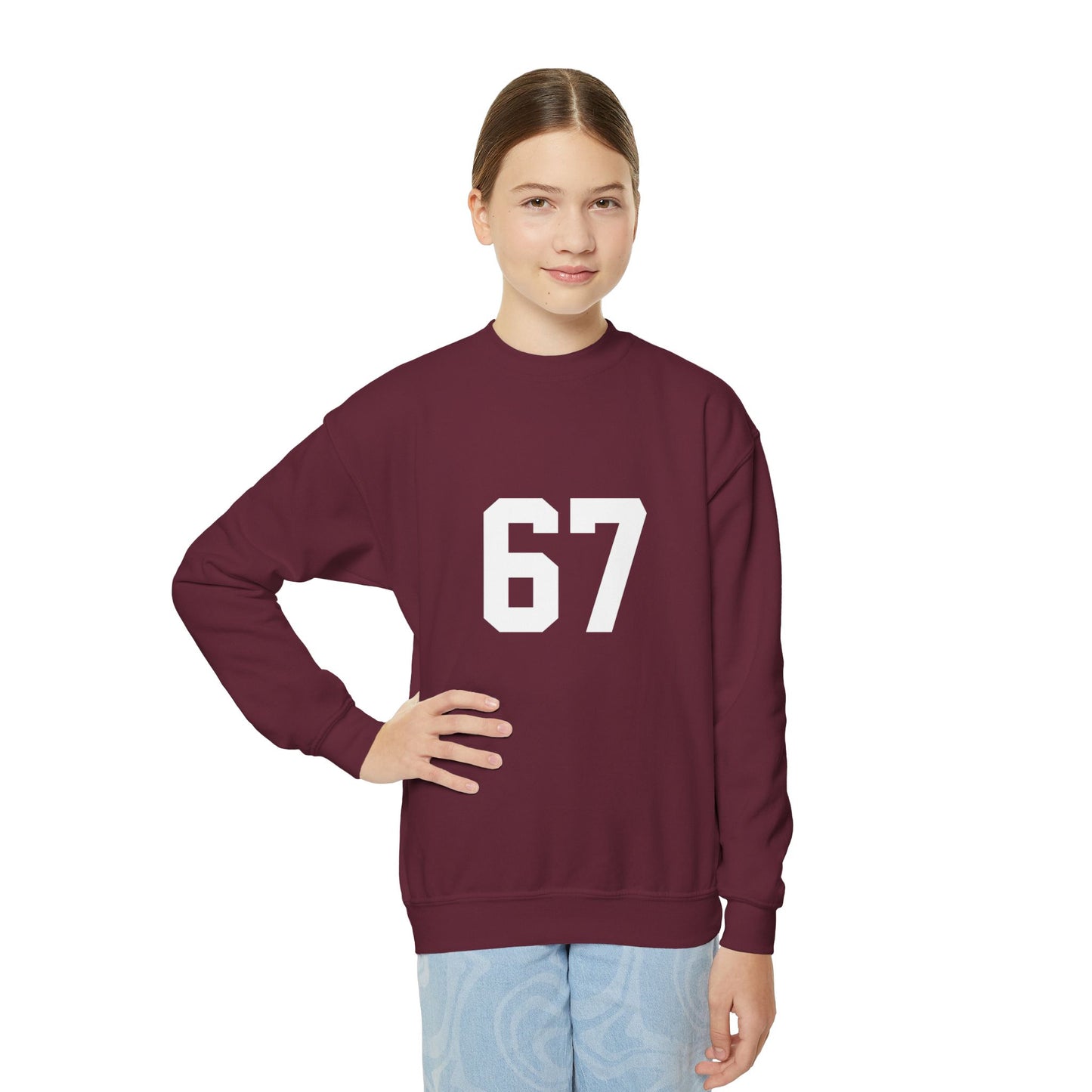 White Number 67 Youth Crewneck Sweatshirt, Meme Design