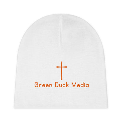 Gorro blanco y naranja con logo de cruz - Colección Fe de Green Duck Media