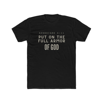 Black Ephesians 6:11 T-shirt with "Put on the Full Armor of God" scripture text, soft cotton blend faith apparel