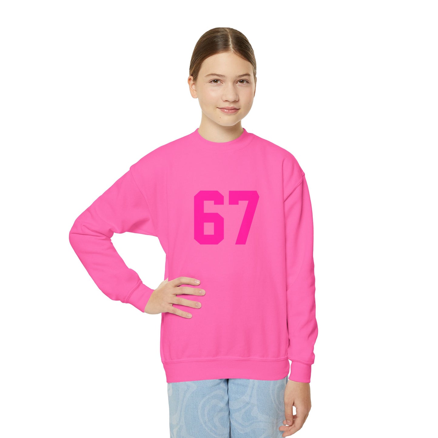 Youth Pink Number 67 Crewneck Sweatshirt, Meme Design