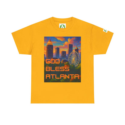 Yellow God Bless Atlanta tee shirt with city skyline and Ferris wheel design