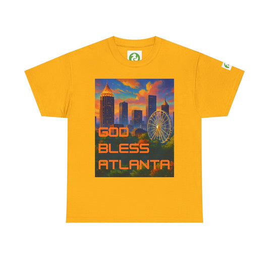 Yellow God Bless Atlanta tee shirt with city skyline and Ferris wheel design