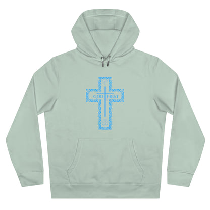 God First Hoodie Sweatshirt with Decorative Cross Design - All Baby Blue Color