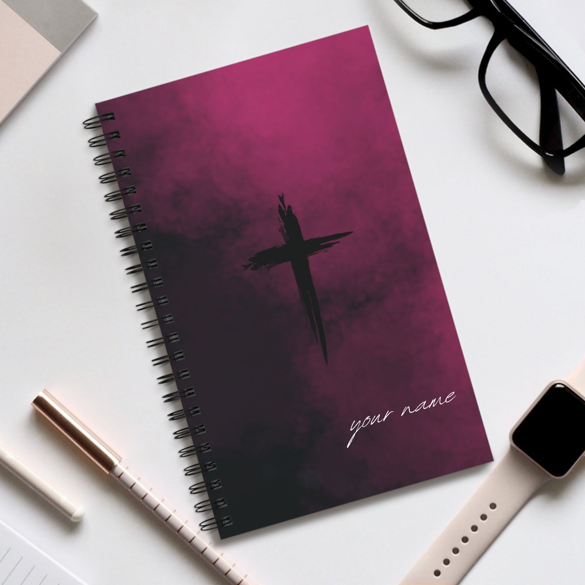 Personalized Wirobound Notebook with dark purple cover, custom name, and artistic cross design, A5 size, ideal for students and creatives