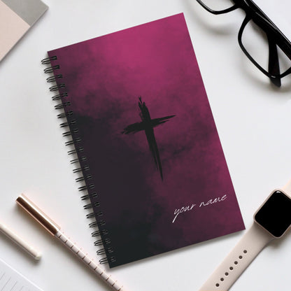 Personalized Wirobound Notebook with dark purple cover, custom name, and artistic cross design, A5 size, ideal for students and creatives