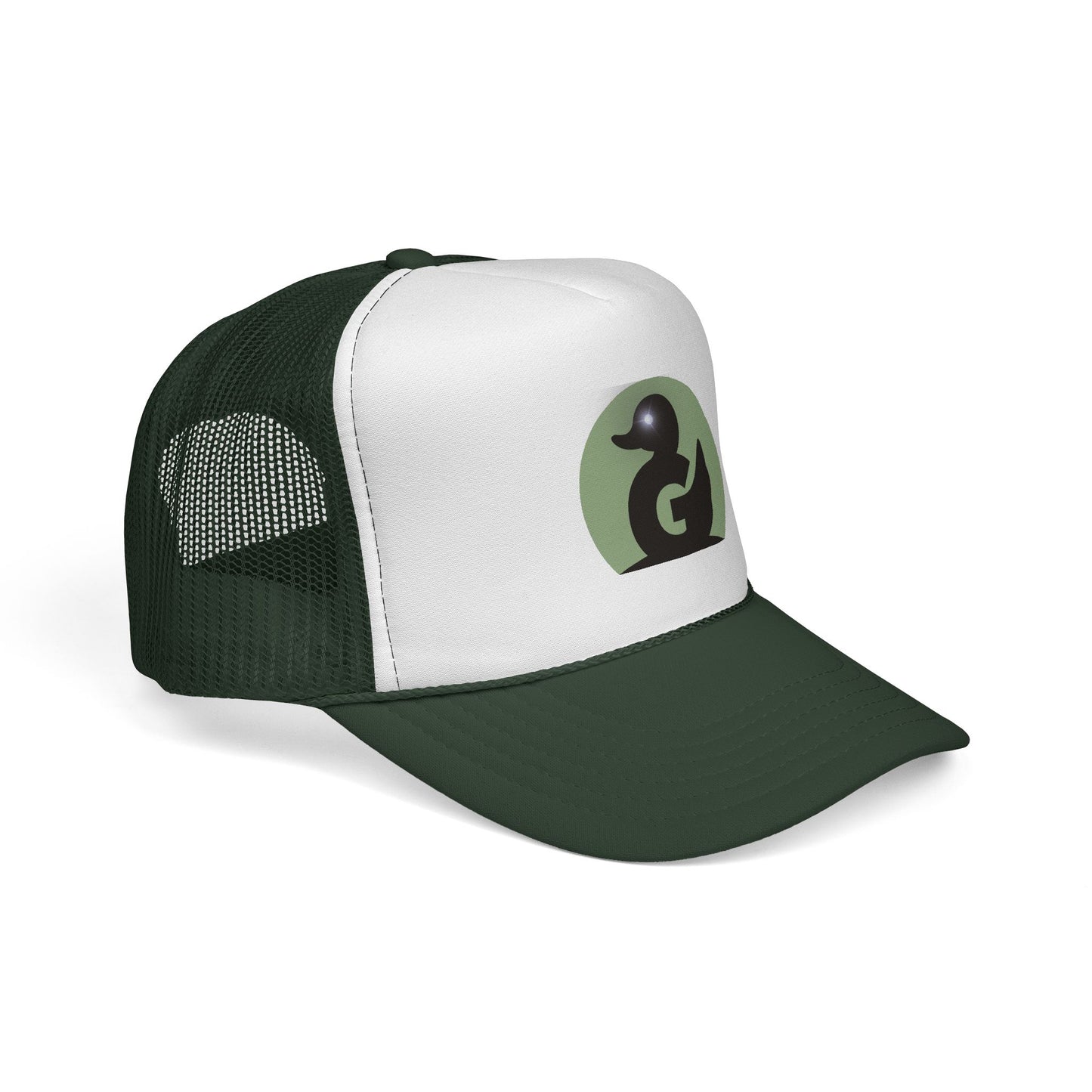 Green Duck Media Trucker Hat - Black & White Logo Cap, with shinny eye