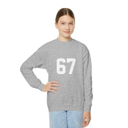 White Number 67 Youth Crewneck Sweatshirt, Meme Design
