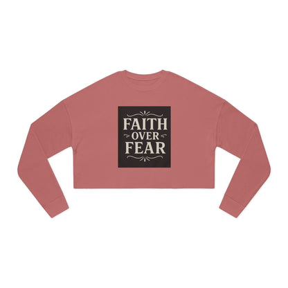 Faith Over Fear crop sweatshirt in dusty rose with bold typography, unisex crewneck, soft fleece material