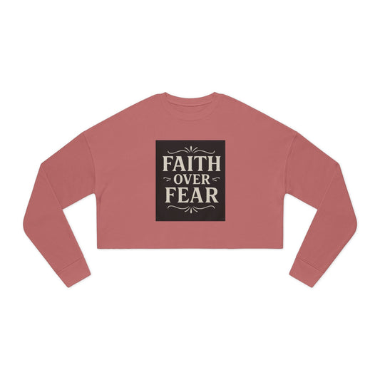 Faith Over Fear crop sweatshirt in dusty rose with bold typography, unisex crewneck, soft fleece material